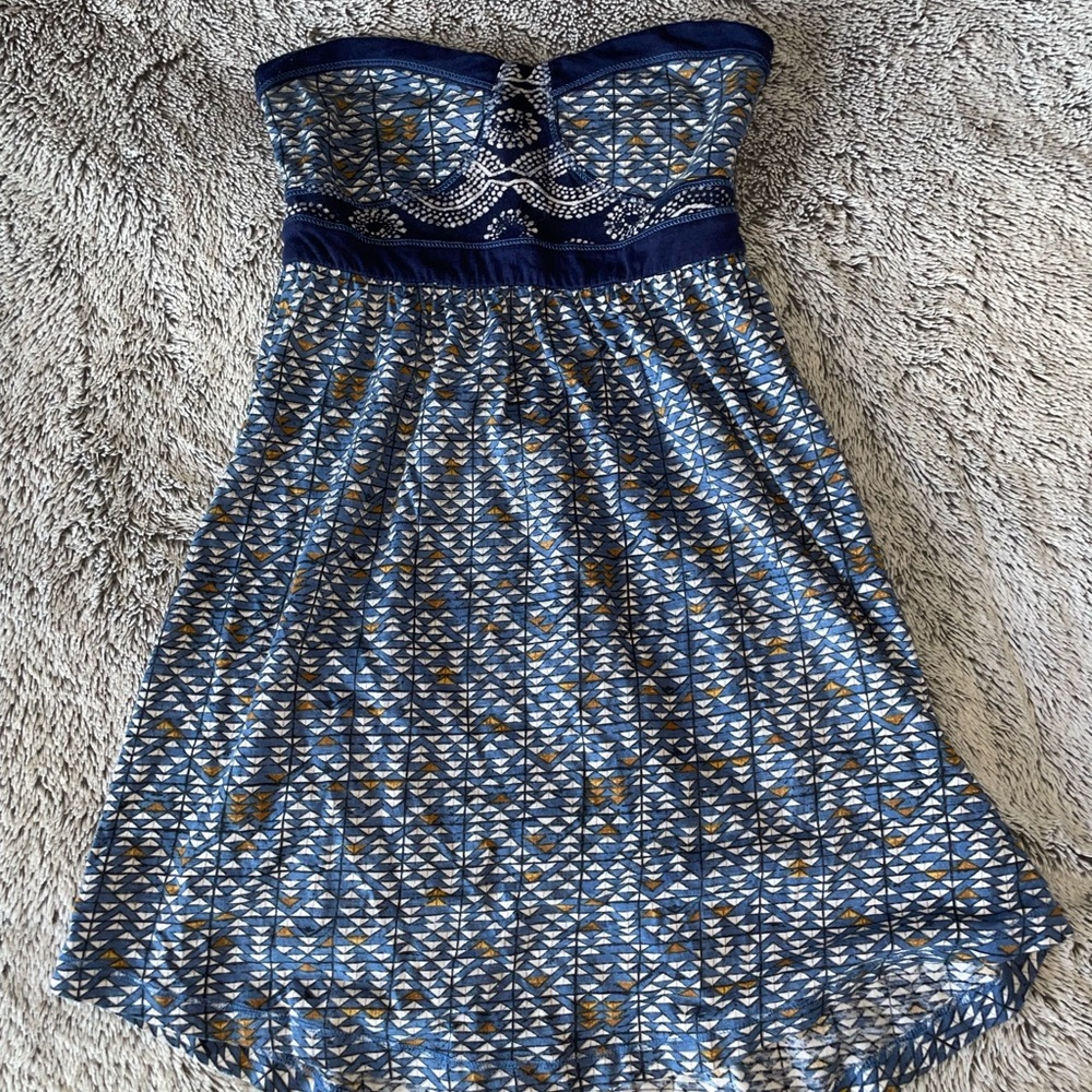 Roxy Blue Strapless Dress with Geometric Design